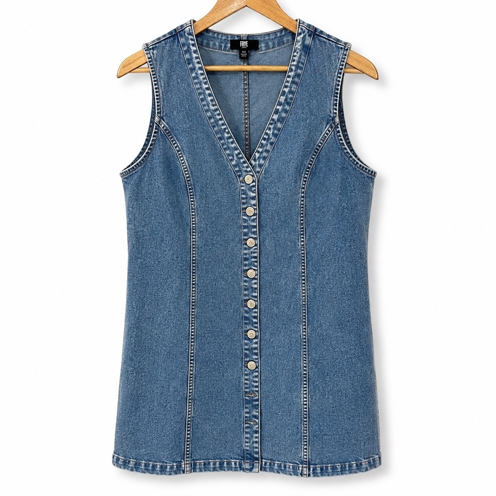 Frye Womens XXL Denim Mini Dress Blue Sleeveless Button Front V-Neck NWOT